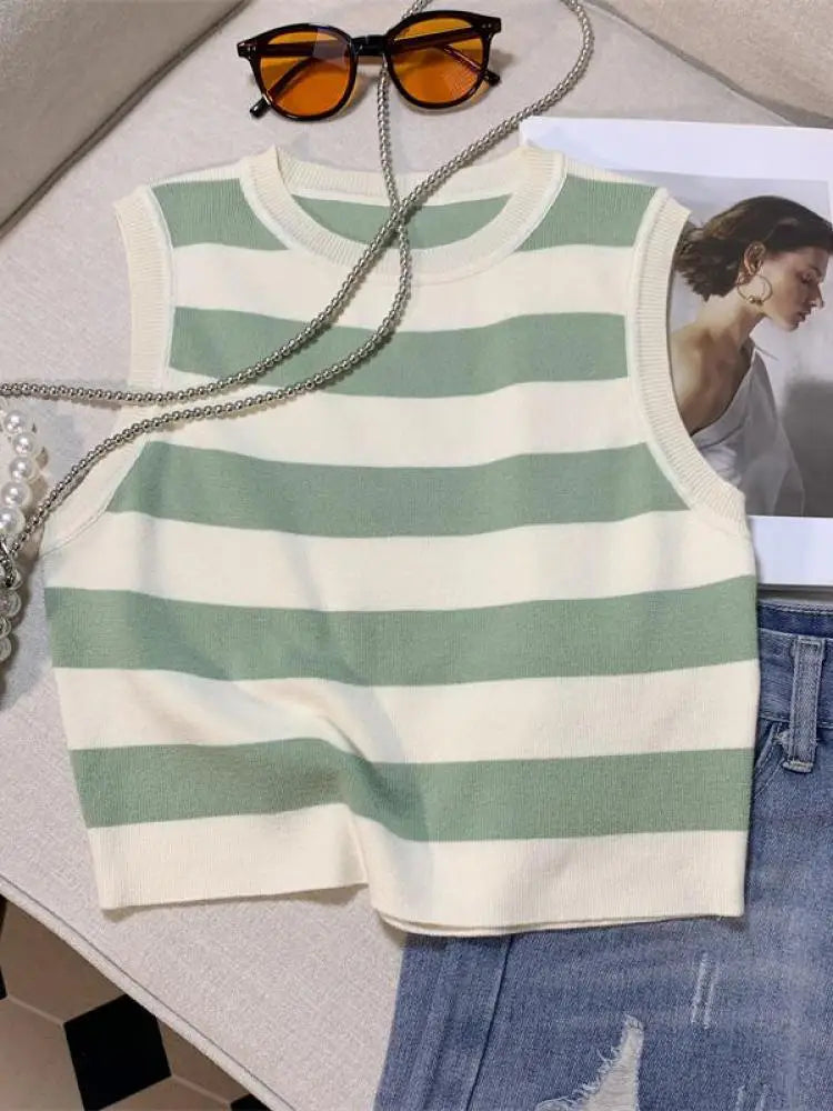 Vintage Chic Round-neck Striped Patchwork Knitted Sleeveless Women's Vest Korean Fashion Summer 2024 Female Clothing Tank Tops