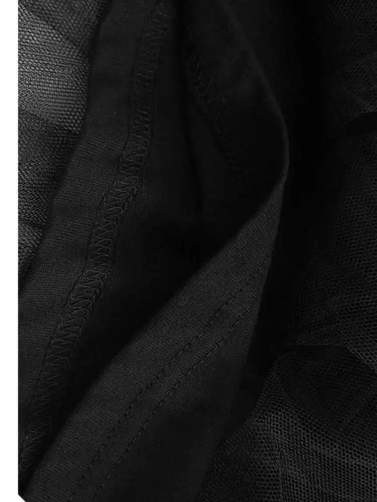 Women Black Mesh Ruffles Spliced Big Size Midi Dress New Round Neck Long Sleeve Fashion Tide Spring Autumn 2025 1DH7180