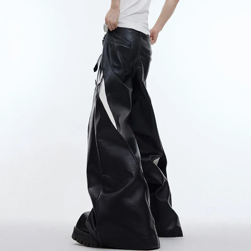 Pleated Men's PU Leather Pants Personality Contrast Color Metal Button Design Male Wide Leg Trousers Punk Spring 9C4724