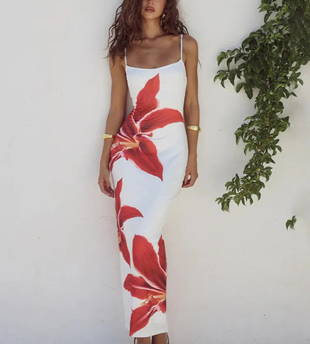 Floreal Print Long Dress For Women Gown Summer New Spaghetti Strap Sleeveless Backless Bodycon Sexy Midi Dress Elegant