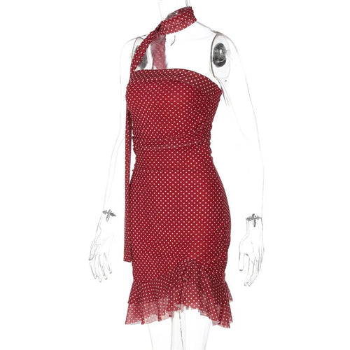 Load image into Gallery viewer, Scarf Collar Polka Dot Mini Dress Women Robe Fashion Off-shoulder Backless Sleeveless Ruffled Club Party Dress Vestido
