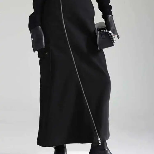 Load image into Gallery viewer, High Waist Black Irregular Zipper Pocket Long Casual Half-body Skirt Women Fashion Tide New Spring Autumn 2025 1DH3481
