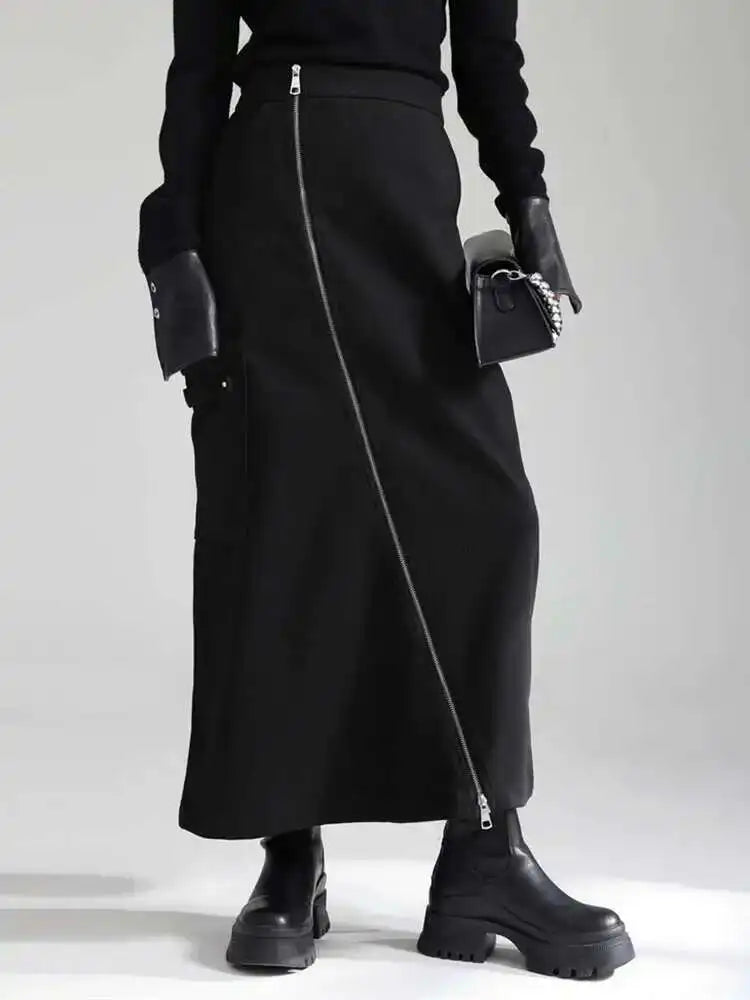 High Waist Black Irregular Zipper Pocket Long Casual Half-body Skirt Women Fashion Tide New Spring Autumn 2025 1DH3481
