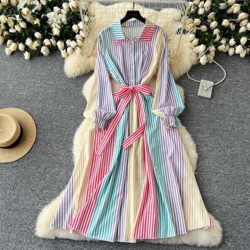 Load image into Gallery viewer, Vintage Women's Rainbow Striped Single Breasted Bow Bandage Long Dress Autumn Vacation Long Sleeved Shirt Dress Casual Clothing
