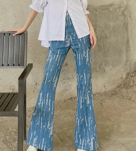 Streetwear Flare Pants For Women High Waist Colorblock Denim Trousers Female Spring Fashion Clothing Style