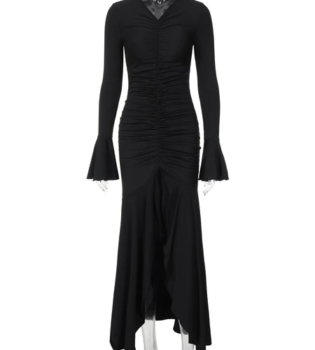 Elegant Solid V Neck Long Flare Sleeve Ruched Sexy Bodycon Maxi Prom Dress Autumn Women Clothes Evening Party Club