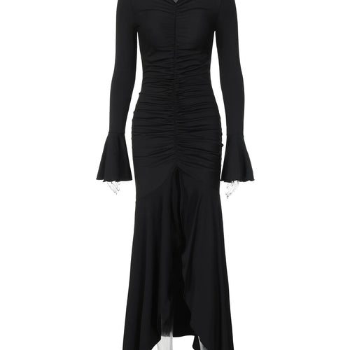 Load image into Gallery viewer, Elegant Solid V Neck Long Flare Sleeve Ruched Sexy Bodycon Maxi Prom Dress Autumn Women Clothes Evening Party Club
