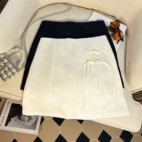 Load image into Gallery viewer, Retro Women's Black Button Up Jacquard Mini Skirts Vintage White High Waist Elegant Chinese Style A-line Short Skirt Summer 2024
