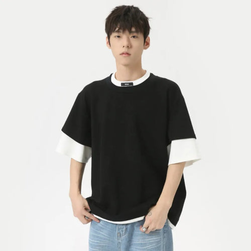 Load image into Gallery viewer, Korean Style Male T-shirts Summer Loose Round Neck Short Sleeve Fake Two-piece Patchwork Men&#39;s Tees Chic 2024 9C6308
