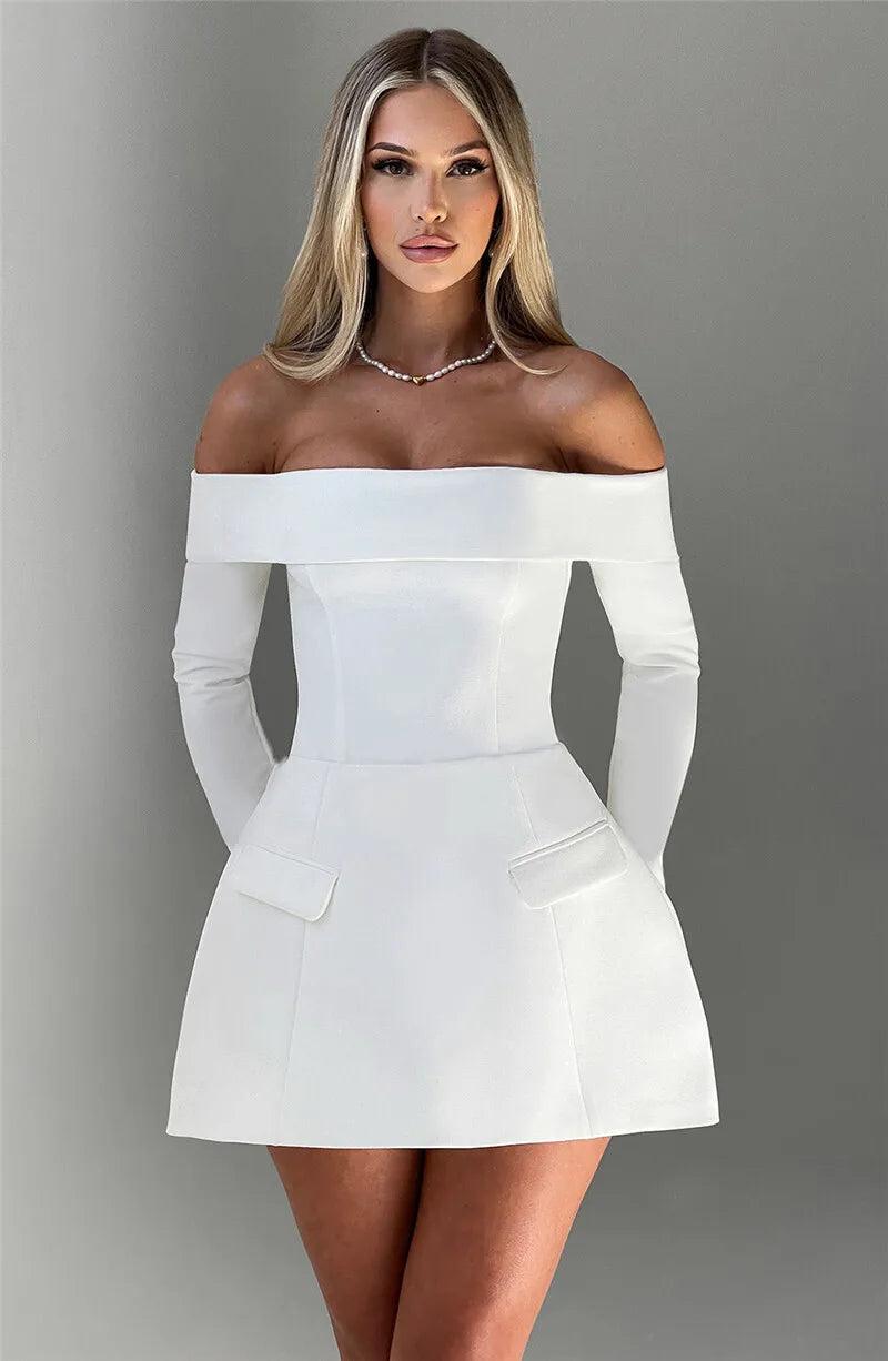 Off-shoulder Long Sleeve Sexy Mini Dress For Women Two Pocket Strapless Backless A-line Club Party Sexy Dress Elegant