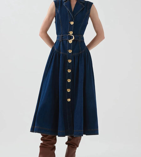 Fashion Spliced Single Breasted Cowboy Dresses for Women Lapel Sleeveless Patchwork Belt Temperament Dress Female