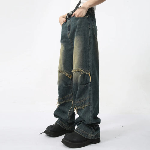 Load image into Gallery viewer, Men&#39;s Straight Leg Jeans 2024 Summer New Ragged Edge Splicing Design High Street Fashion Personality Male Denim Pants C5823
