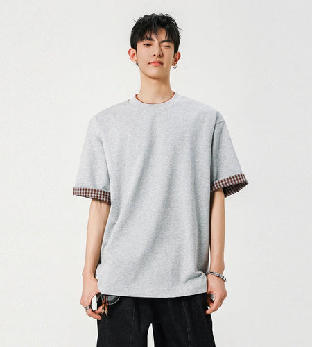 Men's T-shirts New Fashion Solid Color Plaid Flip Design Short Sleeve Round Neck Pullover Male Casual Clothing 9W1940