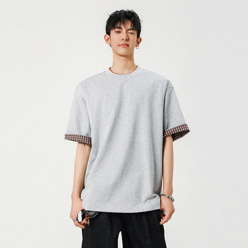 Load image into Gallery viewer, Men&#39;s T-shirts New Fashion Solid Color Plaid Flip Design Short Sleeve Round Neck Pullover Male Casual Clothing 9W1940

