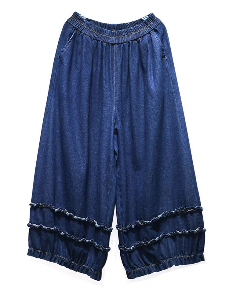 High Elastic Waist Blue Denim Ruffles Casual Wide Leg Jeans New Women Trousers Fashion Tide Spring Autumn 2025 1DJ0422