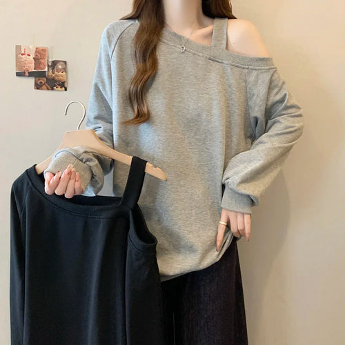 Load image into Gallery viewer, Korean Version Casual Women's Autumn Winter New Grey Versatile Long Sleeved Cotton Tops Black Off Shoulder Velvet Sweatershirt
