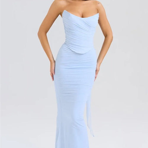 Load image into Gallery viewer, Wine Red Sexy Two Piece Sets Women Neckerchief Strapless Crop Tops And Maxi Skirt Sets Club Party Skirt Two Piece Sets
