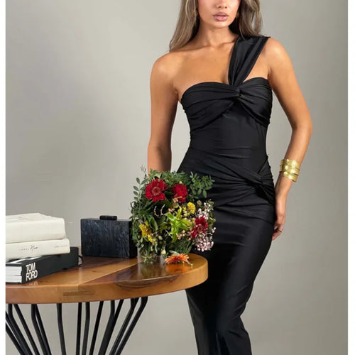 Load image into Gallery viewer, Elegant Sleeveless Single Shoulder Strap Zipper Evening Dress Women Pleated Slim Maxi Dress Female Party Club Vestidos
