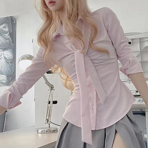 Load image into Gallery viewer, Korean Sweet Elegant Pink Shirt Women Autumn Bodycon Chest Folds Curved Hem Top Blouse Y2K Coquette Aesthetics Trend
