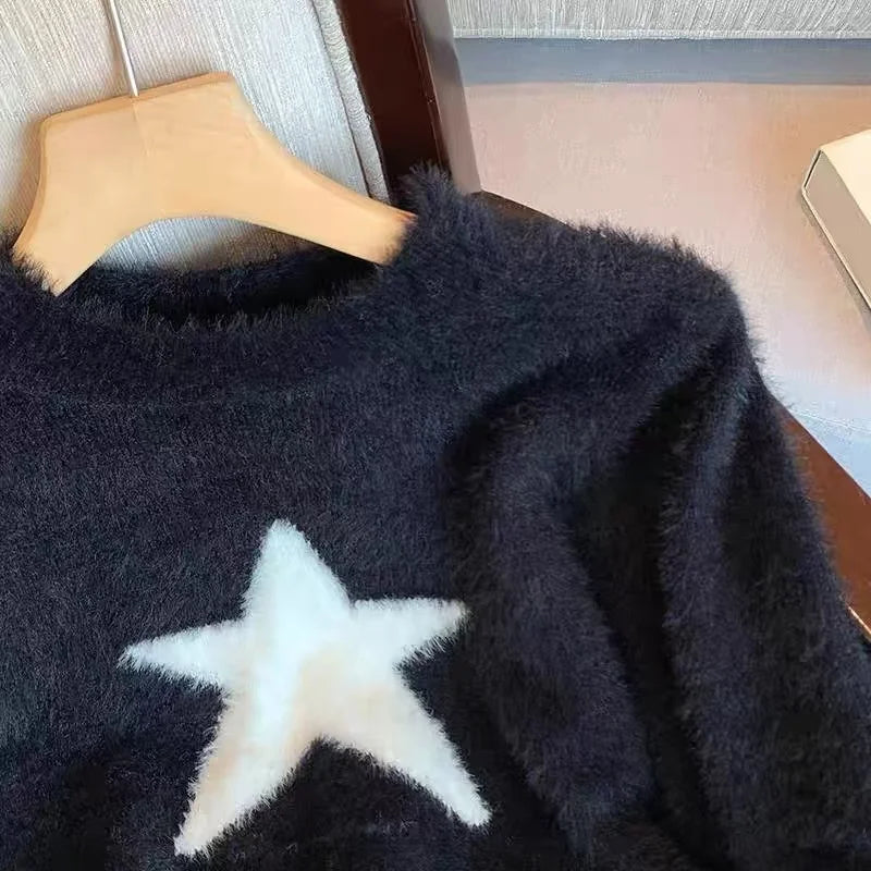 Autumn Winter Black Star Imitation Mink Long Sleeves Knitted Sweater French Fashion Women's Elegant Versatile Pullover Tops Chic