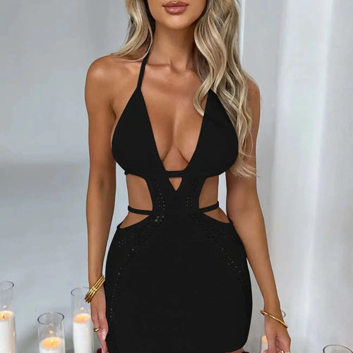 Load image into Gallery viewer, Hollow Out Halter Sexy Mini Dress Women Summer New Sleeveless Backless Skinny Club Party Knit Tank Dress Vestido
