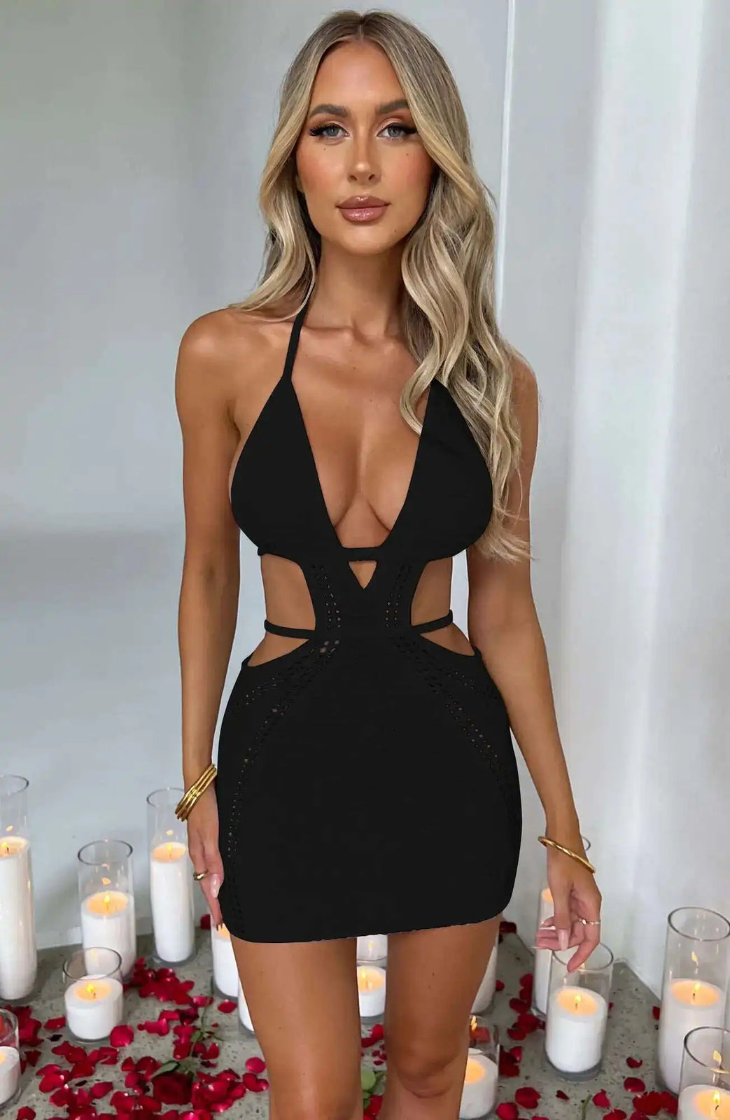 Hollow Out Halter Sexy Mini Dress Women Summer New Sleeveless Backless Skinny Club Party Knit Tank Dress Vestido