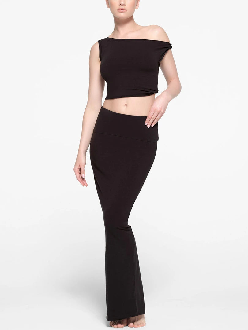 Fashion 2 Pcs Sets Solid Skew Collar Sleeveless Sexy Crop Tank Top Slit Maxi Skirt Summer Women Outfit Festival Party