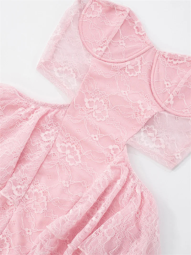 Lace Hollow Out Sexy Mini Dress Women Summer New Off-shoulder Strapless Sleeveless Backless A-line Club Party Dress