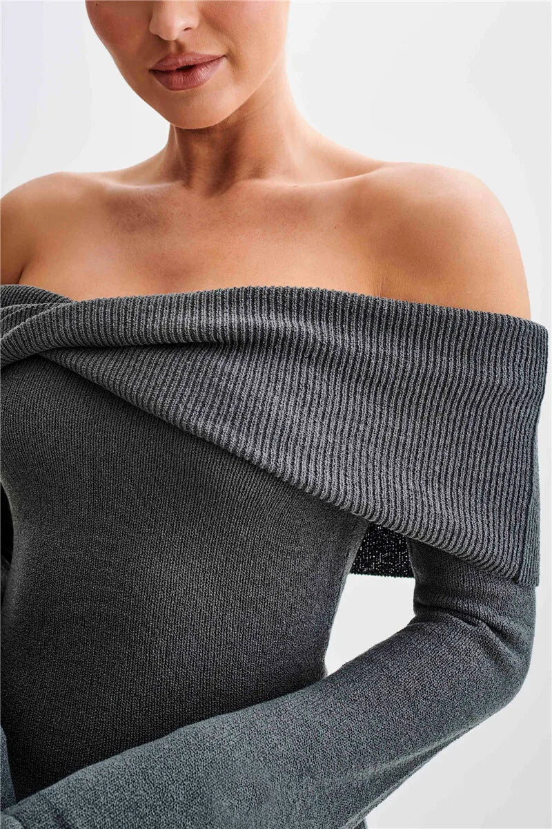 Off-shoulder Knit Mini Dress For Women Autumn Winter New Strapless Backless Long Sleeve Ruched Draped Knitted Dress