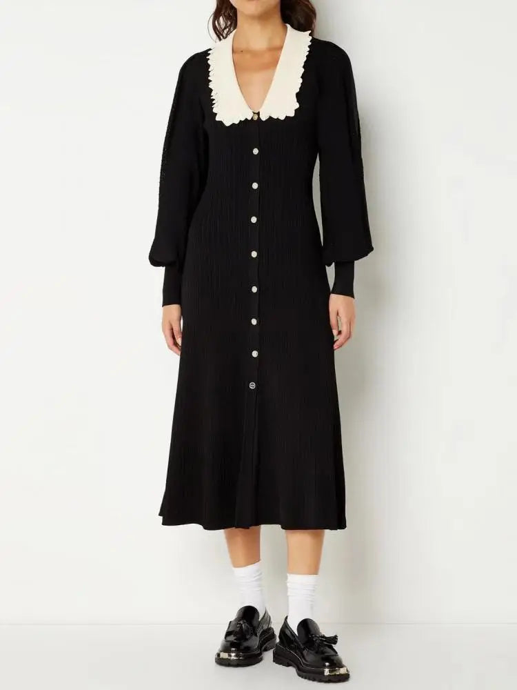 Vintage Autumn 2024 New Women's Patchwork Single Breasted Knit Dresses French Elegant Festival Slim Long Sleeve Dress Streetwear