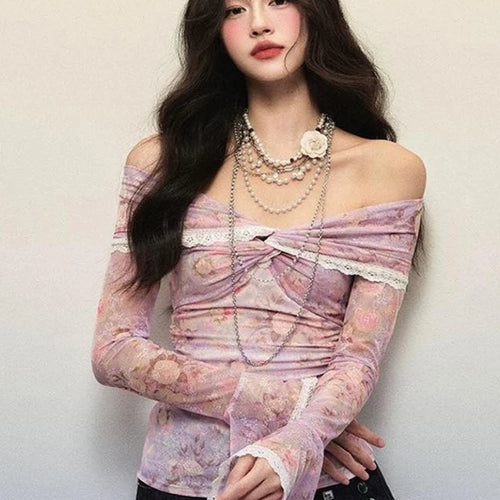 Load image into Gallery viewer, Sexy Lace Patchwork Slash Neck Gauze Tshirts Women Y2k Aesthetic Bottoming Grunge Tops Harajuku Vintage Fairy Print Pleated Tees
