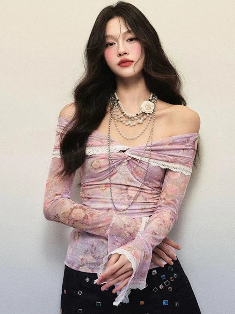 Sexy Lace Patchwork Slash Neck Gauze Tshirts Women Y2k Aesthetic Bottoming Grunge Tops Harajuku Vintage Fairy Print Pleated Tees