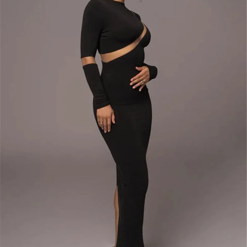 Load image into Gallery viewer, Turtleneck Long Sleeve Bodycon Maxi Dress For Women Autumn New Patchwork Hollow Out Club Party Sexy Long Dress Vestidos
