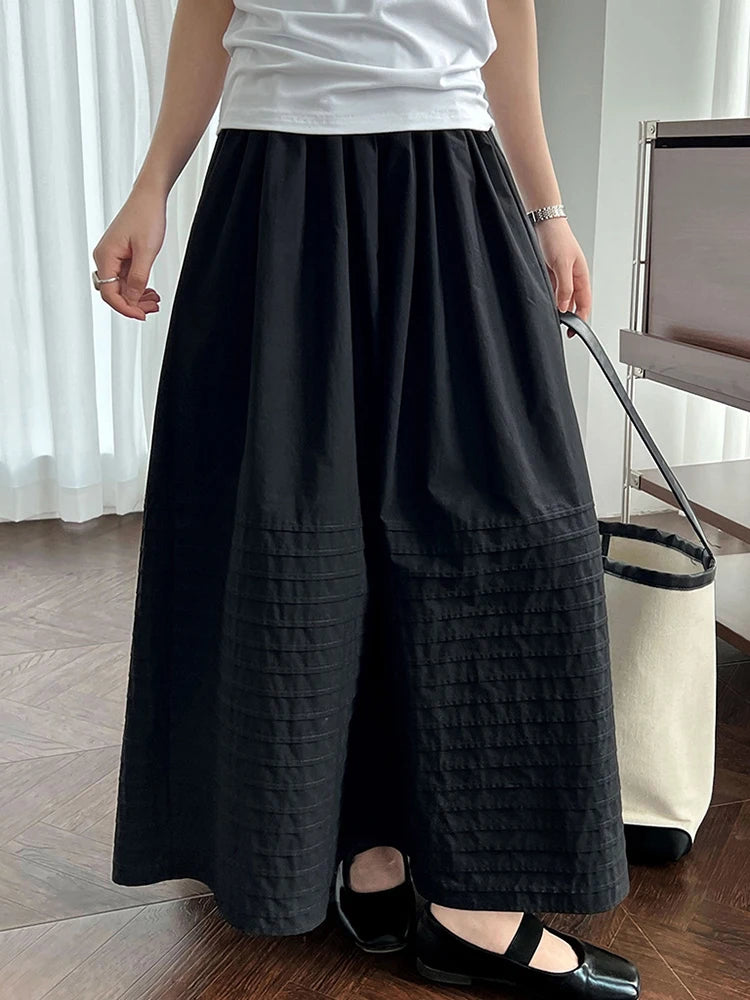 High Elastic Waist White Striped Pleated Midi A-line Half-body Skirt Women Fashion Tide New Spring Autumn 2025 1DJ1423