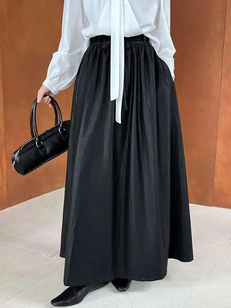 High Elastic Waist Coffee Pu Leather Vintage Long A-line Half-body Skirt Women Fashion Tide New Spring Autumn 2025 1DH7198