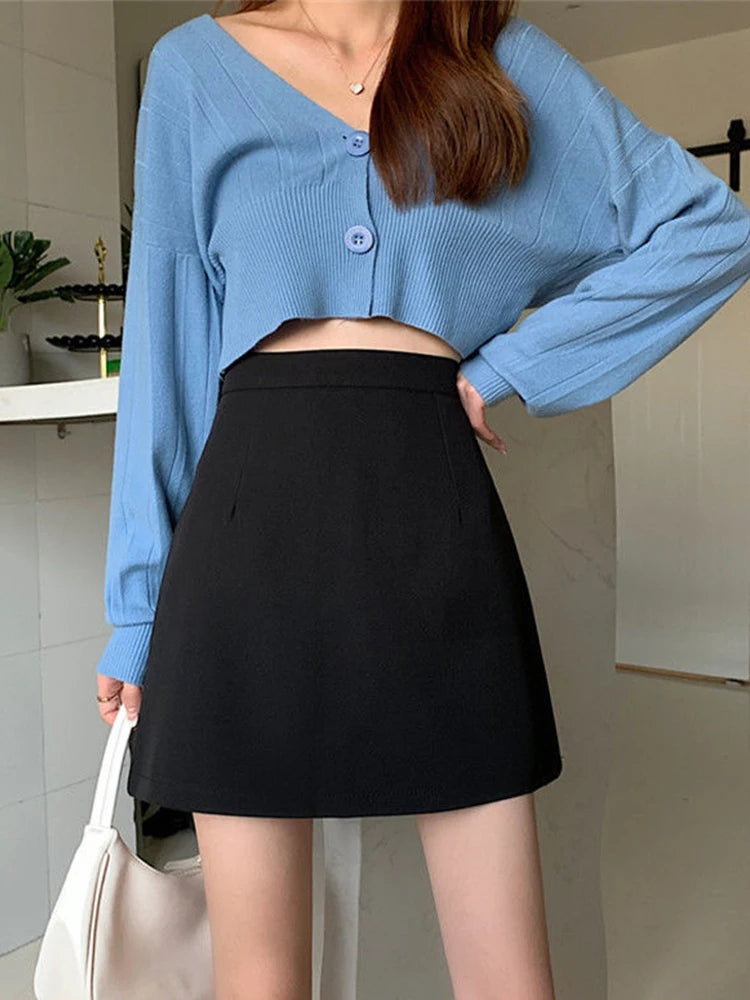 Black Skirts Women Mid-calf College A-line High Waist Korean Style OL All-match Friends  Streetwear Chic Female Bottom