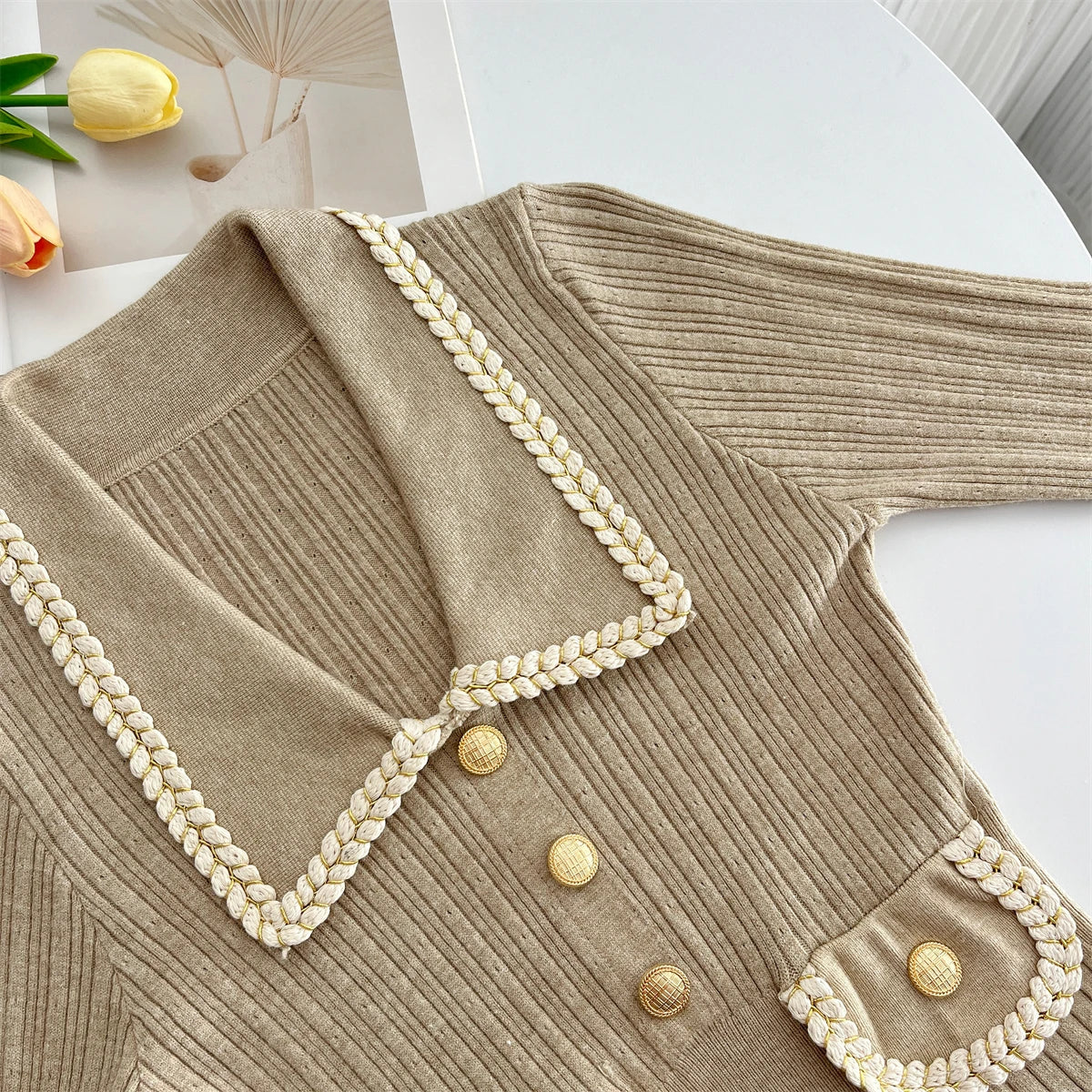 Korean Fashion Women's Autumn Winter Solid Single Breasted Elegant Slim Knitted Sweater Dress New Long Sleeved Temperament Dress