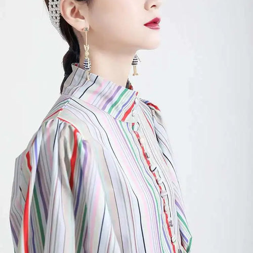 Load image into Gallery viewer, Women Striped Spliced Long Shirt Dress New Stand Collar Three-quarter Sleeve Loose Fit Fashion Spring Autumn 2025 1DE0219
