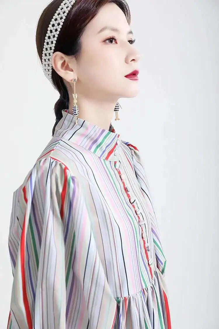 Women Striped Spliced Long Shirt Dress New Stand Collar Three-quarter Sleeve Loose Fit Fashion Spring Autumn 2025 1DE0219