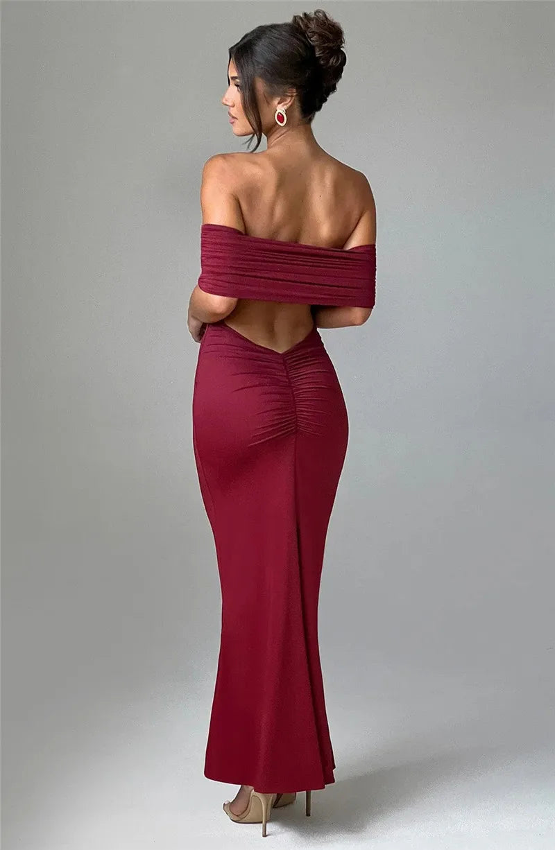Strapless Backless Sexy Maxi Dress For Women Black Solid Off-shoulder Sleeveless Bodycon Club Party Long Dress Elegant