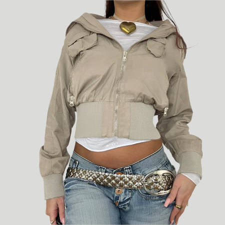 Streetwear Cool Cargo Multi Pockets Women's Jacket High Waist Tech Zipper Up Autumn Coat Turn-Down Collar Outerwear