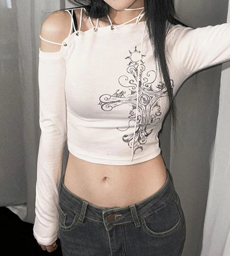 Gothic Asymmetrical Printed Halter Top Autumn Tee Shirts Dark Academia Women's T-shirts Short Lace Up Harajuku Tight