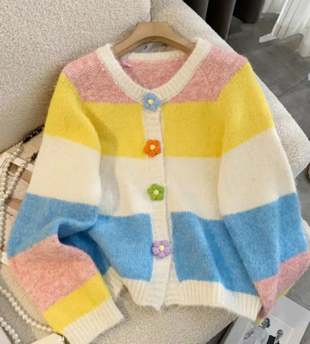 Autumn Winter Sweet Vintage Rainbow Striped V-neck Cardigan Long Sleeve Sweater Woman Elegant Festival Single Breasted Knit Tops