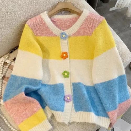 Load image into Gallery viewer, Autumn Winter Sweet Vintage Rainbow Striped V-neck Cardigan Long Sleeve Sweater Woman Elegant Festival Single Breasted Knit Tops
