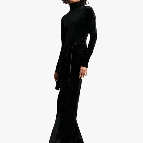 Load image into Gallery viewer, Velvet Long Sleeve Sexy Maxi Dress For Women Autumn Winter New Turtleneck Draped Ruched Bodycon Sexy Long Dress
