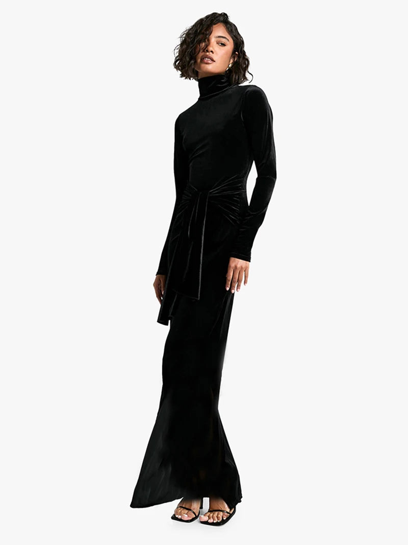 Velvet Long Sleeve Sexy Maxi Dress For Women Autumn Winter New Turtleneck Draped Ruched Bodycon Sexy Long Dress