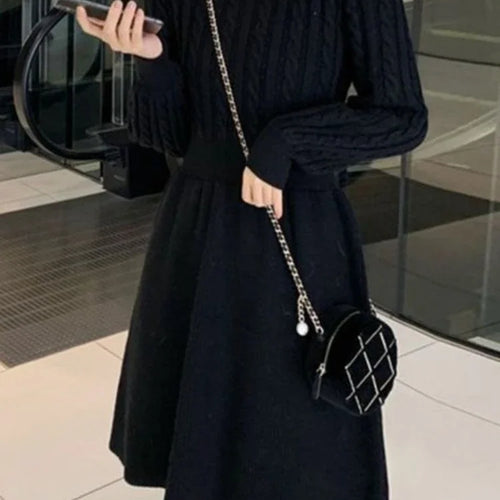 Load image into Gallery viewer, Knitted Sweater Black Dress Women Autumn Winter Korean Style Kpop Wrap School Wrap Long Sleeve Dresses
