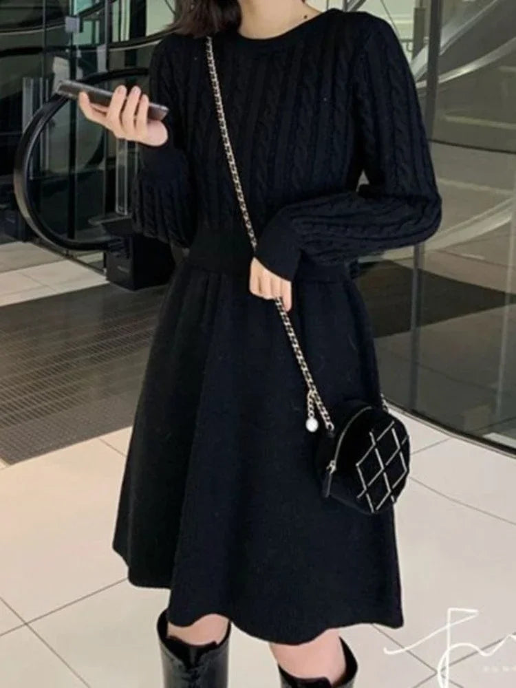 Knitted Sweater Black Dress Women Autumn Winter Korean Style Kpop Wrap School Wrap Long Sleeve Dresses