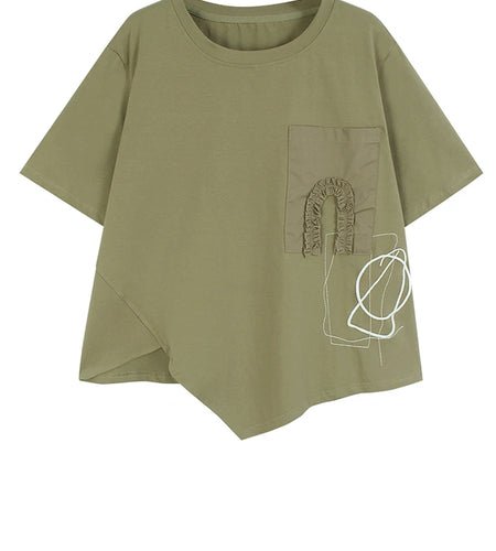 Women Khaki Irregular Embroidery Big Size Casual T-shirt New Round Neck Short Sleeve Fashion Spring Summer 2025 1DJ0588
