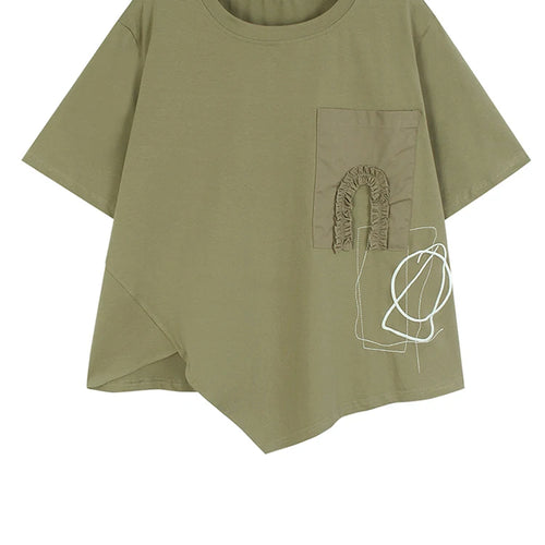 Load image into Gallery viewer, Women Khaki Irregular Embroidery Big Size Casual T-shirt New Round Neck Short Sleeve Fashion Spring Summer 2025 1DJ0588
